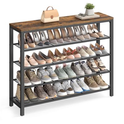 VASAGLE Shoe Rack, 5-Tier Shoe Storage Organizer with 4 Metal Mesh Shelves for 16-20 Pairs and Large Surface for Bags, for Entryway, Hallway, Closet, Industrial, Rustic Brown and Black ULBS15BX