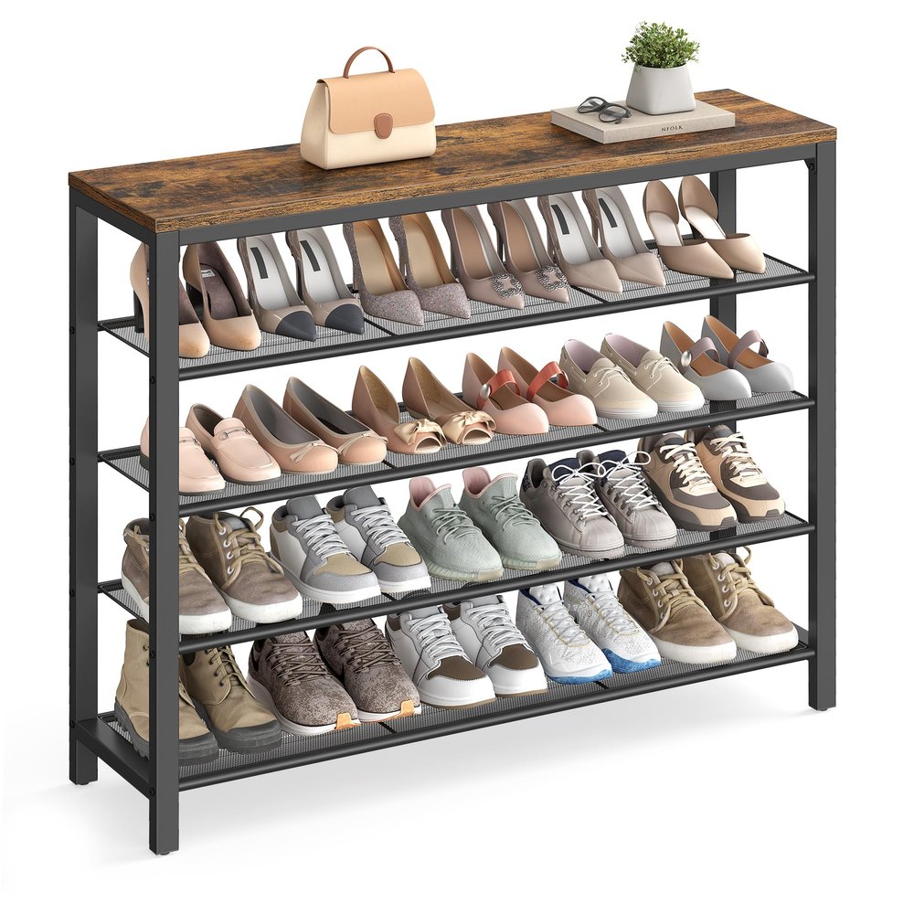 VASAGLE Shoe Rack, 5-Tier Shoe Storage Organizer with 4 Metal Mesh Shelves for 16-20 Pairs and Large Surface for Bags, for Entryway, Hallway, Closet, Industrial, Rustic Brown and Black ULBS15BX