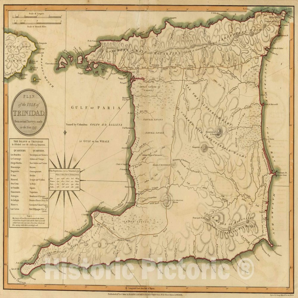 Trinidad 1800 Historical Map Print - Laurie & Whittle Atlas Reproduction - 57in x 44in