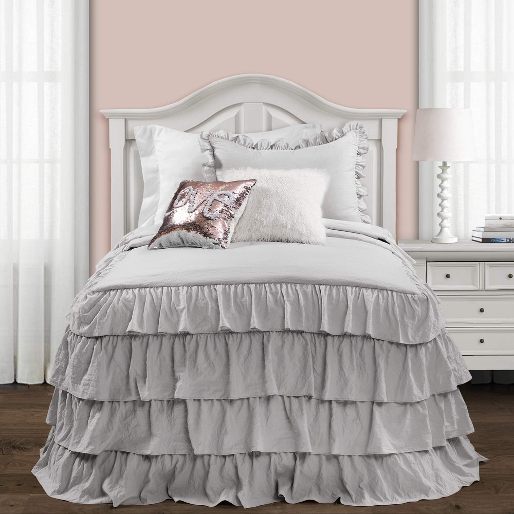 Lush Dcor Lush Decor Allison Ruffle Skirt Bedspread Light Gray Shabby Chic Farmhouse Style Lightweight 2 Piece Set Twin XL,