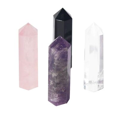 DHYANARSH Metaphysical Healing Dowsing Stone Wands Towers Set of 4 - Amethyst Rose Quartz Rock Crystal Black Tourmaline