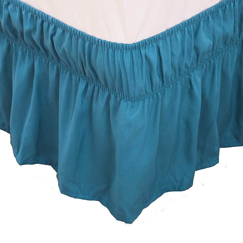 Amuze Bedding Wrap Around Bed Skirts, Easy On/Easy Off 100% Cotton Elastic,400 Thread Count,Solid Ruffled Bed Skirt- Bed Wrap with 15 Inch Tailored Drop,(Twin/Full,Lake Blue)