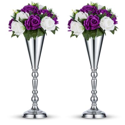 2 Pcs Tabletop Silver Metal Wedding Flower Trumpet Vase, 16.5 inch Table Decorative Centerpiece Artificial Flower Arrangements for Anniversary Ceremony Party Birthday Event Aisle Home Decoration