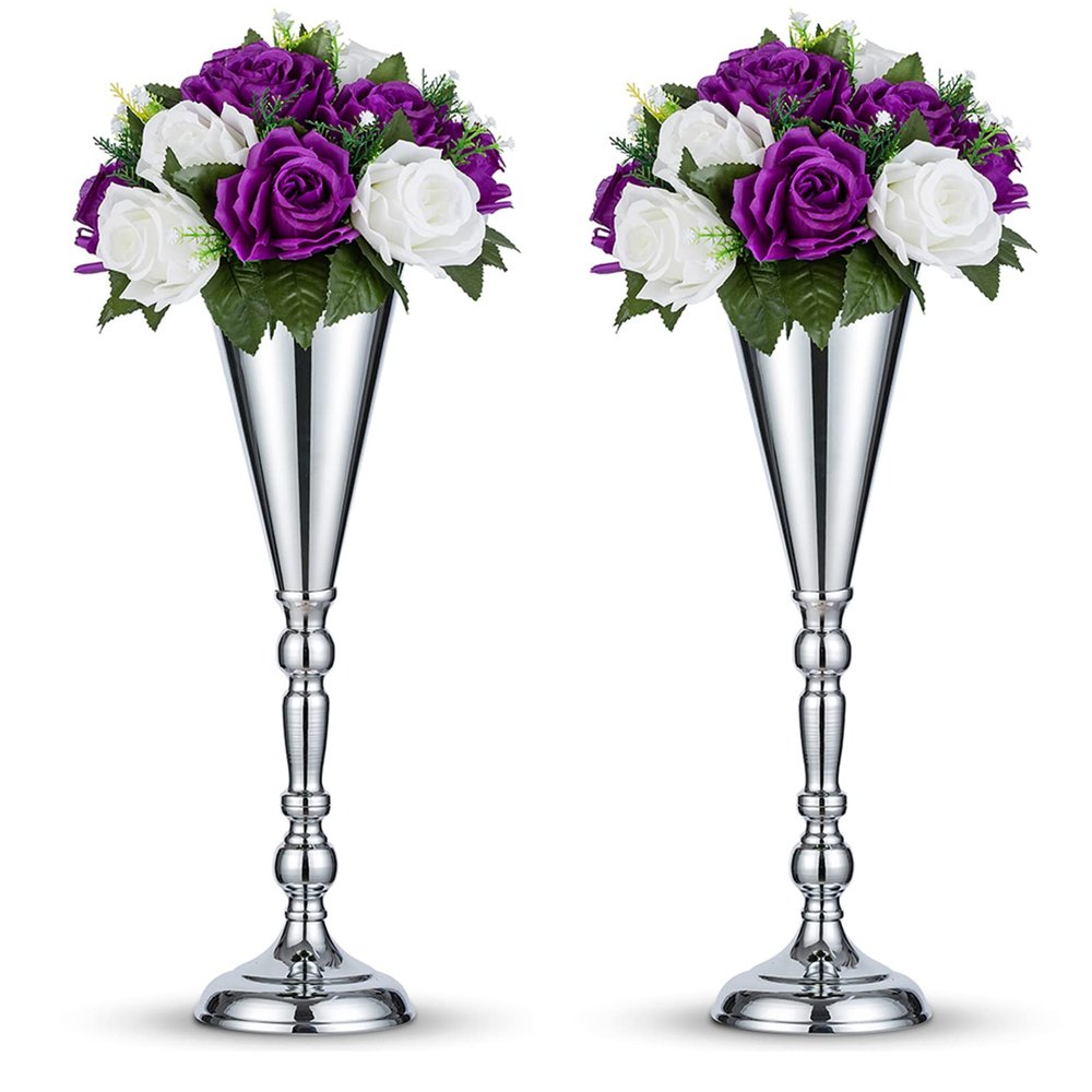 2 Pcs Tabletop Silver Metal Wedding Flower Trumpet Vase, 16.5 inch Table Decorative Centerpiece Artificial Flower Arrangements for Anniversary Ceremony Party Birthday Event Aisle Home Decoration