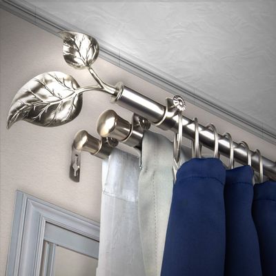 A&F Rod Dcor - Leaf 13/16" Triple Curtain Rod 48-84 inch - Satin Nickel