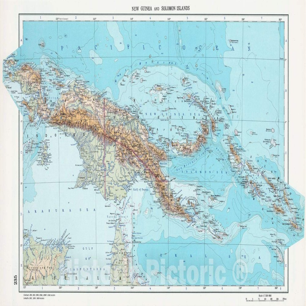 New Guinea and Solomon Islands Physical Map 1967 - Historical Map Print - 74in x 44in