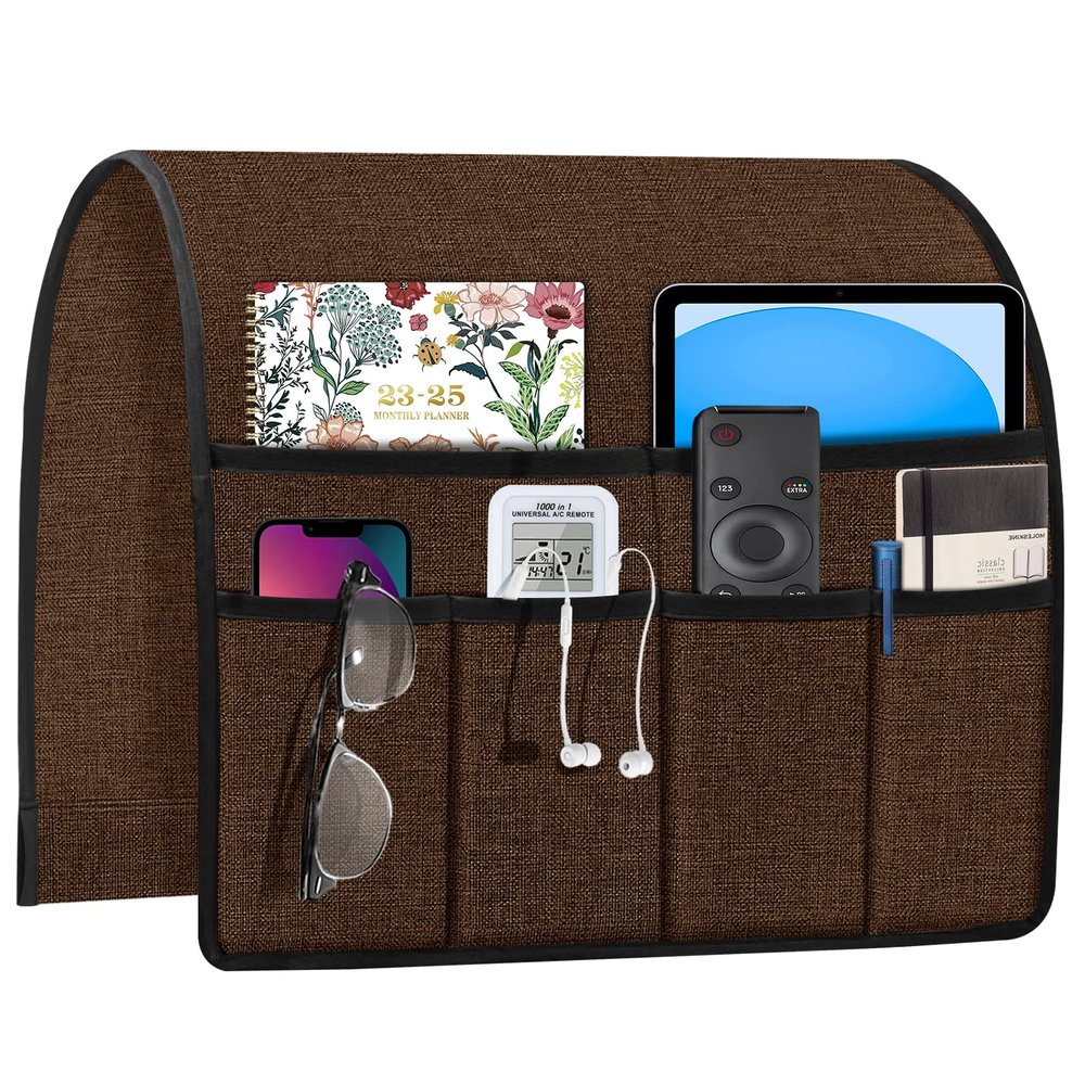 Joywell Recliner Organizer with 6 Pockets Armchair Caddy Remote Control Holder for Couch Armrest Organiser Non Slip Sofa Arm Chair Caddie Storage for Magazine, Tablet, Phone, iPad, Brown