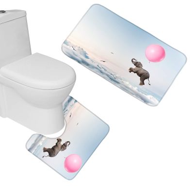 Amagical Flying Elephant with Pink Balloon Through Cloudy Sky Decor 2 Piece Bathroom Mat Set Non Slip Bath Mat Contour Mat