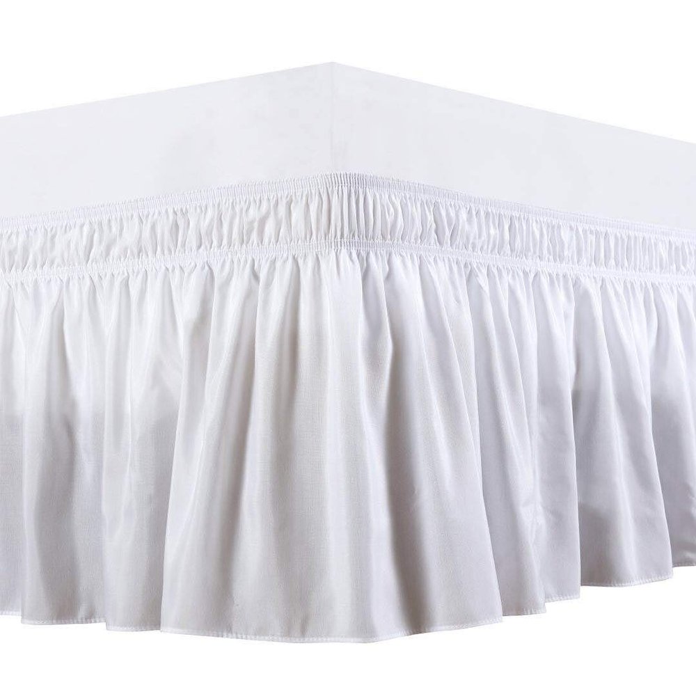 1 Wrap Around Bed Skirt, Elastic Dust Ruffles, Easy Fit Wrinkle and Fade Resistant Pattern Solid 100% Egyptian Cotton 500 TC , Hotel Quality Fabric, 7 inch Drop Length, Size King, white