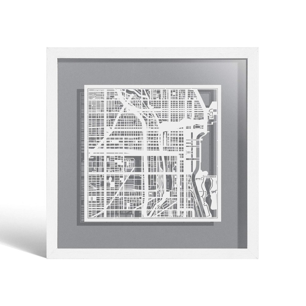 Chicago Paper Cut Map framed by O3 Design Studio, White map, White frame, 9x9 inches, Gift Boxed, 4 background color, self-changing, Paper Art