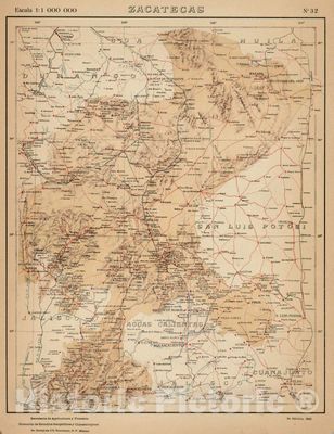 Zacatecas, Mexico 1922 Historical Map Print - Atlas Plate No. 32-44in x 57in