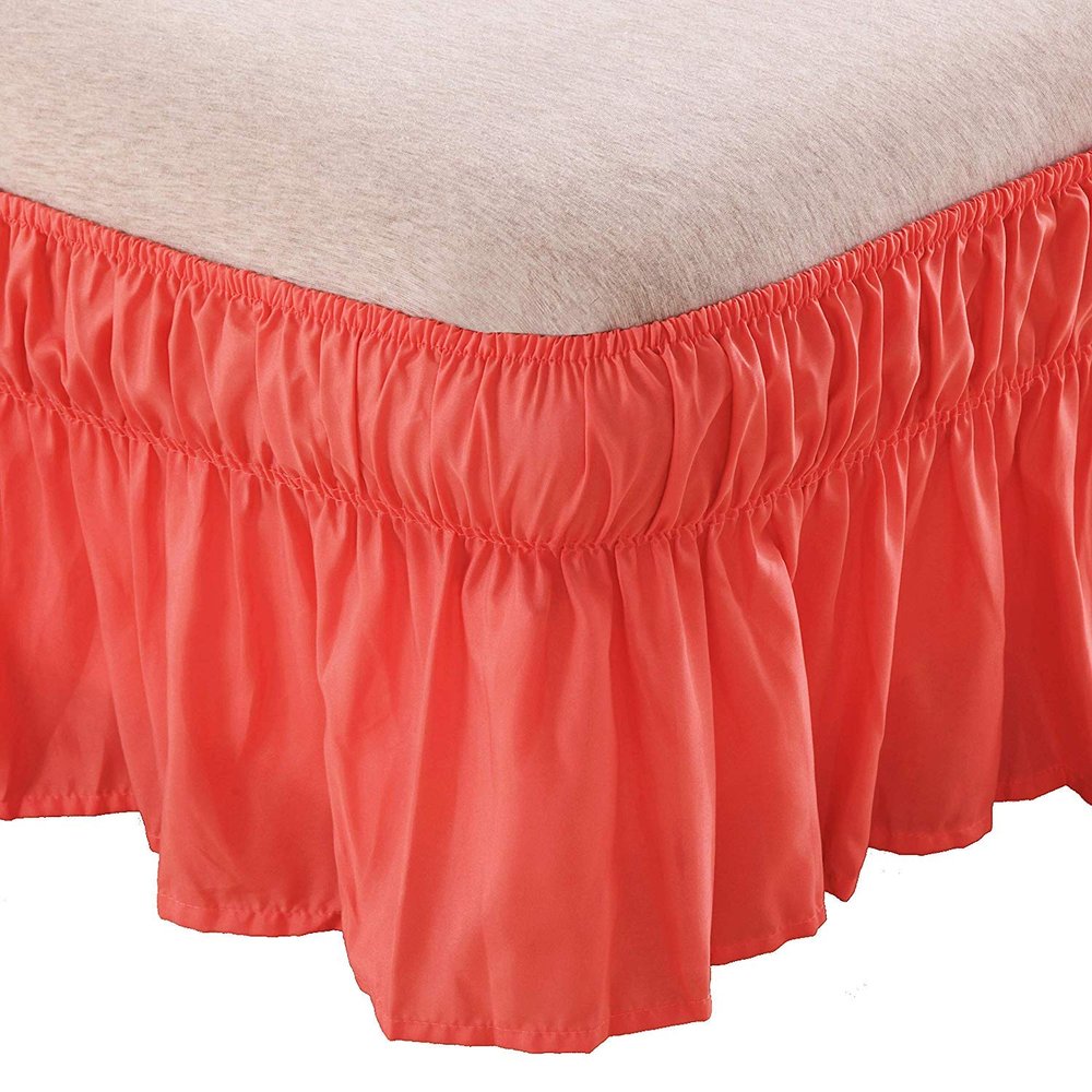 Amuze Bedding Wrap Around Bed Skirts, Easy On/Easy Off 100% Cotton Elastic,400 Thread Count,Solid Ruffled Bed Skirt- Bed Wrap with 19 Inch Tailored Drop,(King,Coral)