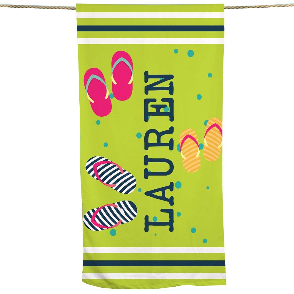 GiftsForYouNow Personalized Beach Life Icons Beach Towel, Lime with Flip Flops