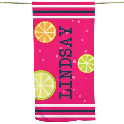 GiftsForYouNow Personalized Beach Life Icons Beach Towel, Pink with Citrus