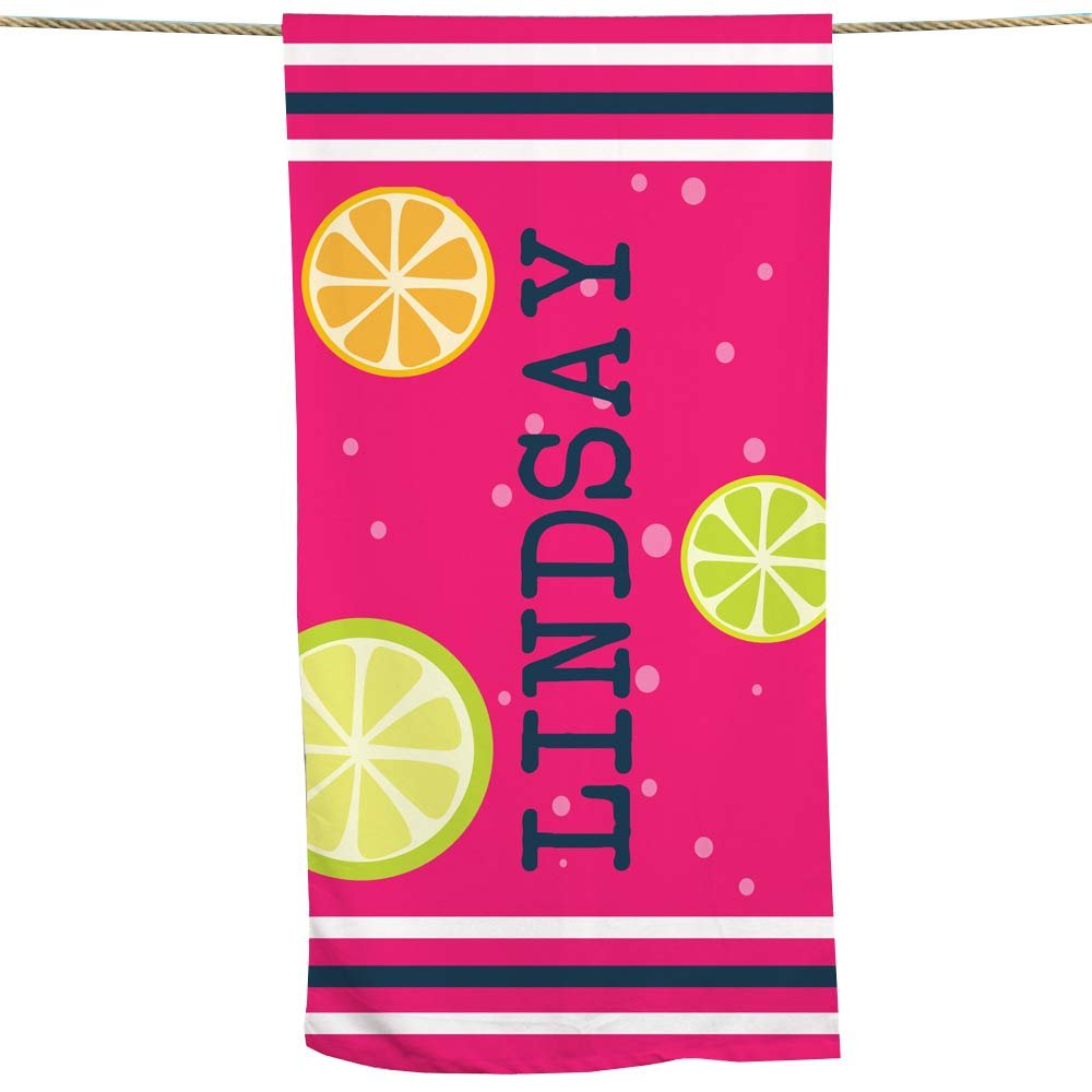 GiftsForYouNow Personalized Beach Life Icons Beach Towel, Pink with Citrus