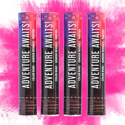 Adventure Awaits! - BABY GENDER REVEAL - 4-Pack Hand Held Air Filled Party Popper - 3 options: 4 Blue or 4 Pink or 2 Red/2 Blue - Check our store for other Color Run Festival colors! (4 Pink)