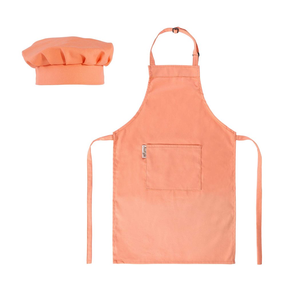 Aurya Kids Apron and Chef Hat Set-Adjustable Child Apron for Boys and Girls for Cooking Baking Light Orange