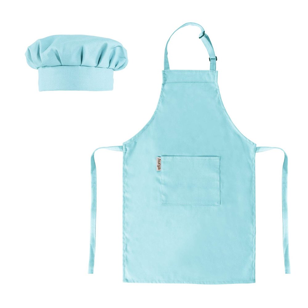 Aurya Kids Apron and Chef Hat Set-Adjustable Child Apron for Boys and Girls for Cooking Baking Light Blue