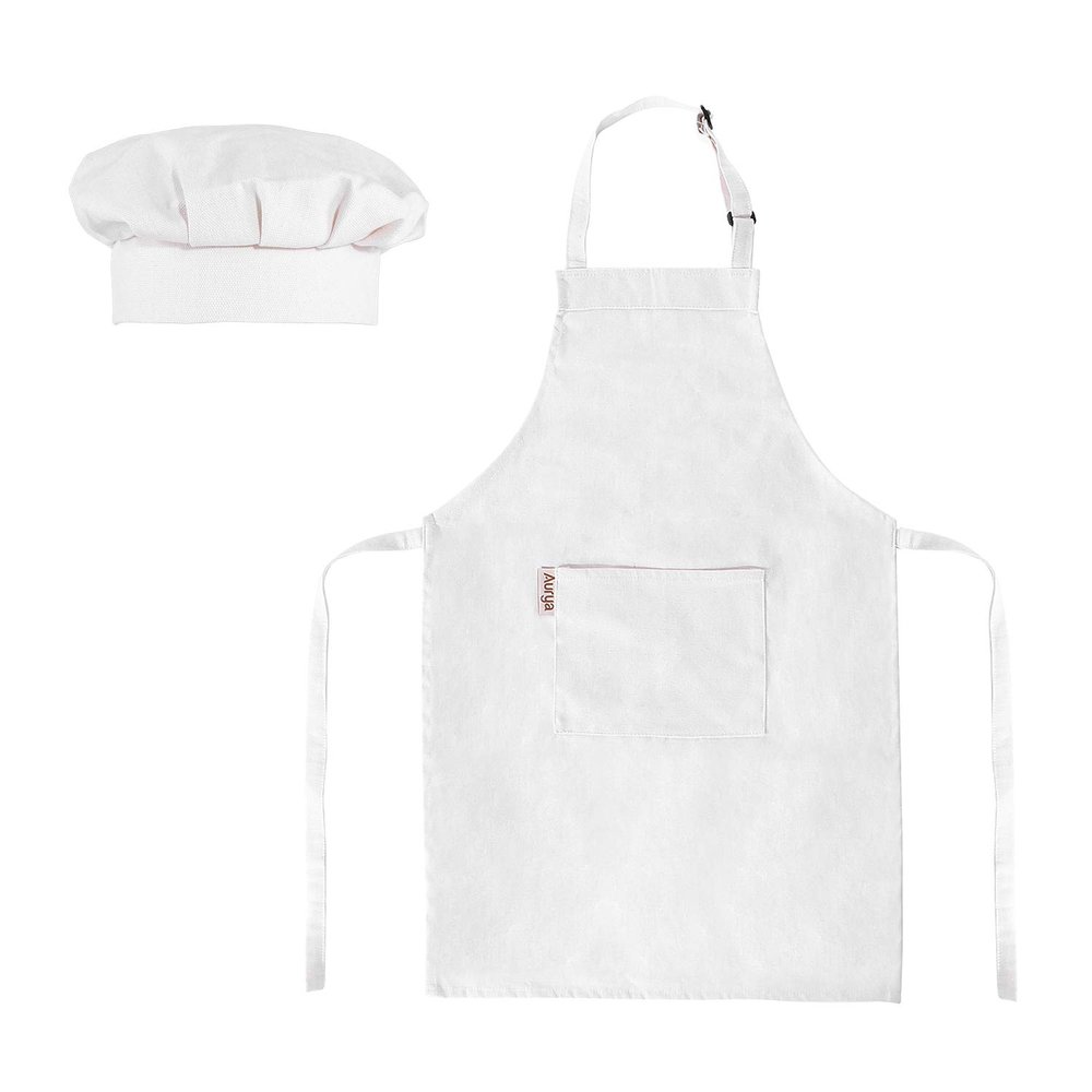 Aurya Kids Apron and Chef Hat Set - Adjustable Child Apron for Boys and Girls for Cooking Baking - Off White