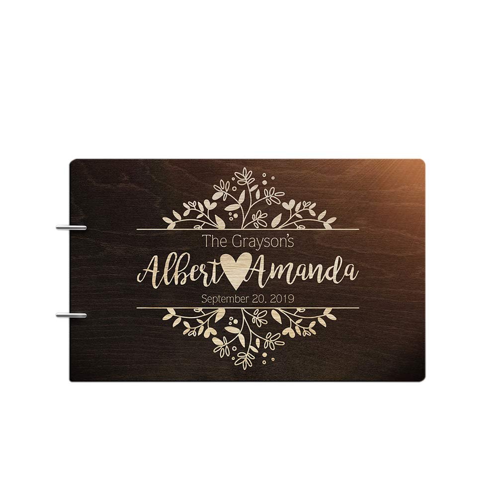 Bride and Groom Personalized Handmade Wedding Guest Book for Bride and Groom Wood Alternative Custom Engraved Newlywed Marriage Album 10 Designs to Choose from (Design 06, Chocolate Walnut)