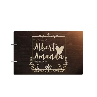 Bride and Groom Personalized Handmade Wedding Guest Book for Bride and Groom Wood Alternative Custom Engraved Newlywed Marriage Album 10 Designs to Choose from (Design 08, Chocolate Walnut)