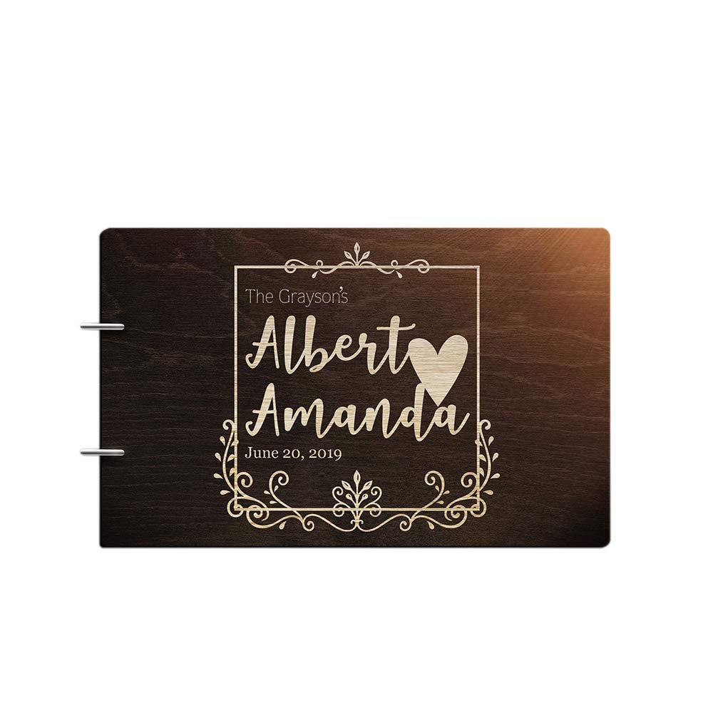 Bride and Groom Personalized Handmade Wedding Guest Book for Bride and Groom Wood Alternative Custom Engraved Newlywed Marriage Album 10 Designs to Choose from (Design 08, Chocolate Walnut)