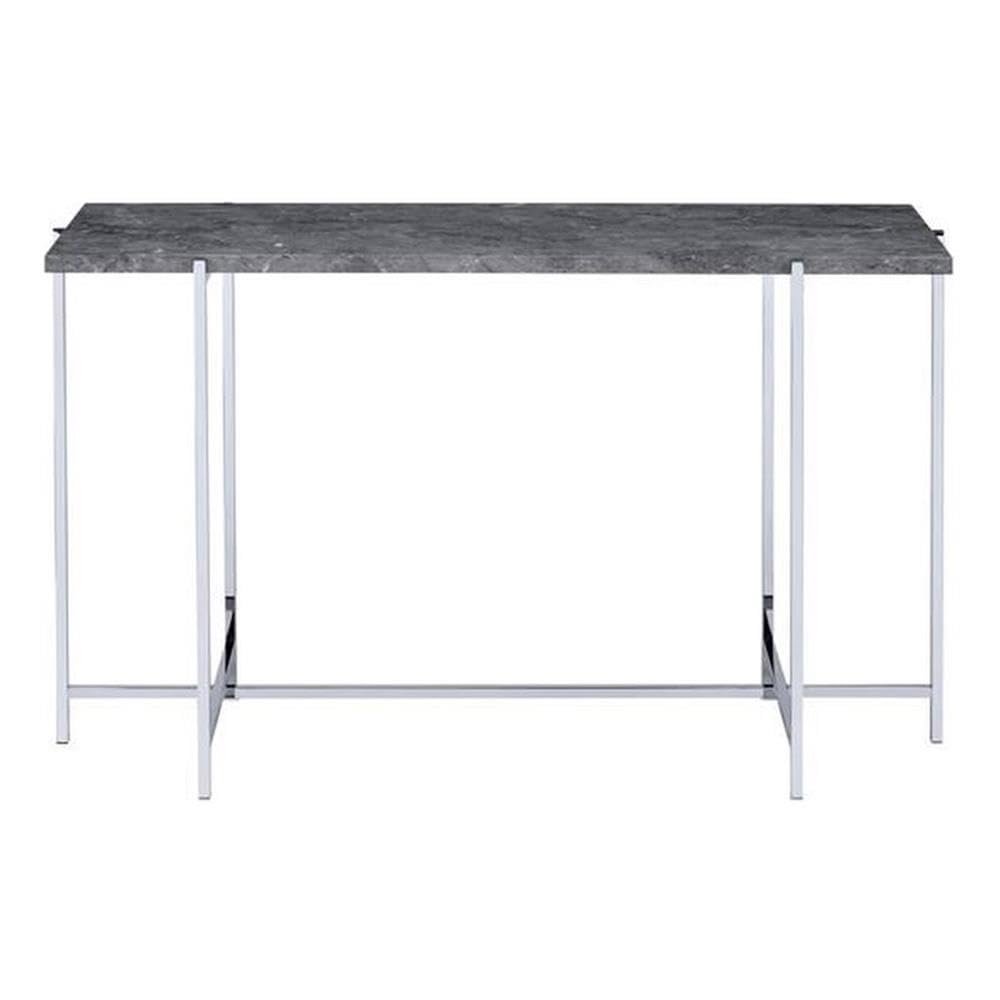 Acme Adelae Rectangular Faux Marble Top Sofa Table in Gray and Chrome