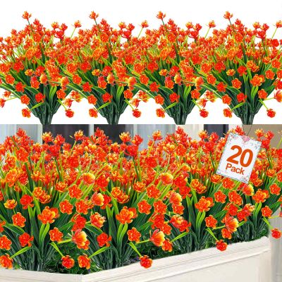 20 Bundles Artificial Flowers for Outdoors Summer Decor-UV Resistant No Fade Fake Mums Faux Plants Plastic Flowers Greenery for Home Porch Gardens Fireplace Patio Indoor Outsides Decor(Orange Red)