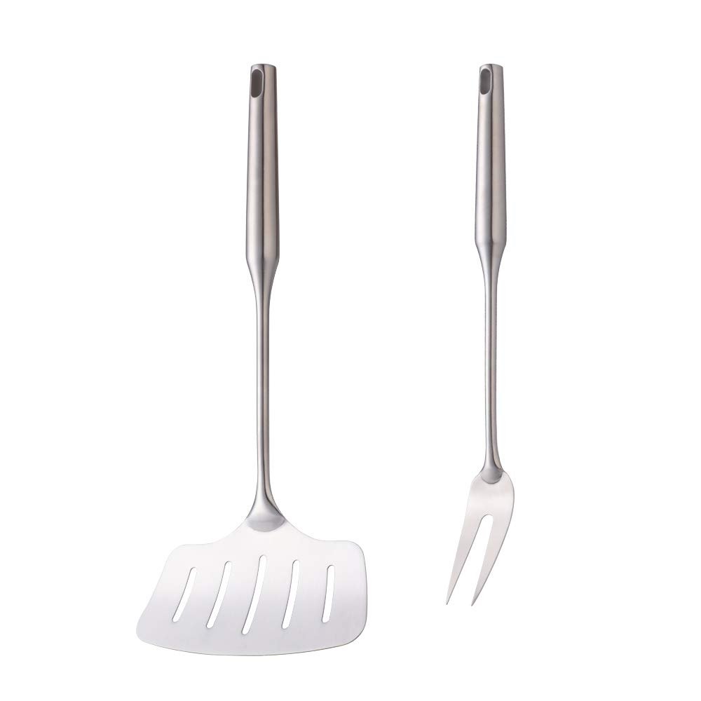 Fish Spatula and Serve Fork, 2 Pcs Cooking Utensils Set BBQ Tool, BUY&USE Stainless Steel Long Handle Heat Resistant BBQ Kitchen Gadgets Tools