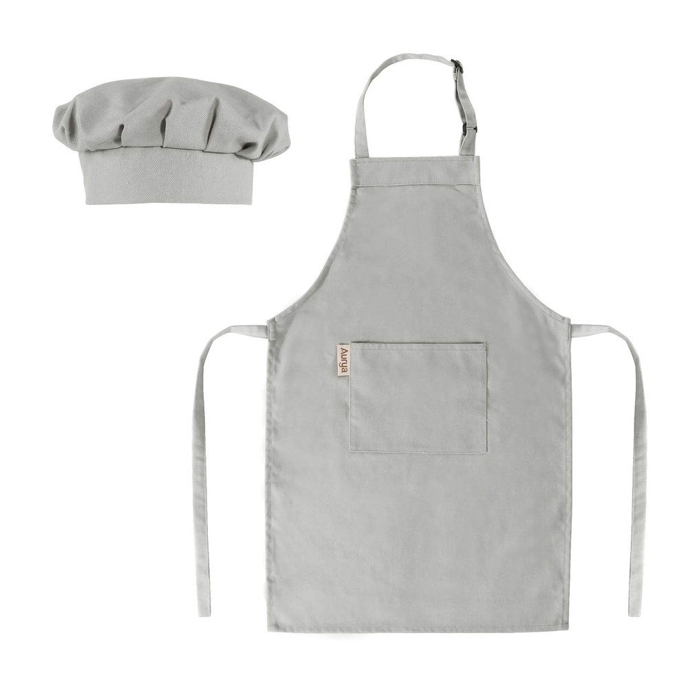 Aurya Kids Apron and Chef Hat Set-Adjustable Child Apron for Boys and Girls for Cooking Baking Light Gray