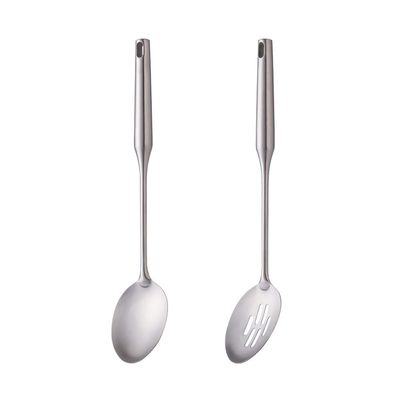 1 Solid Spoon 1 Slotted Spoon Stainless Steel, BUY&USE 2 Pcs Durable Cooking Utensil, 15 Inches Long Handle Serving Spoon