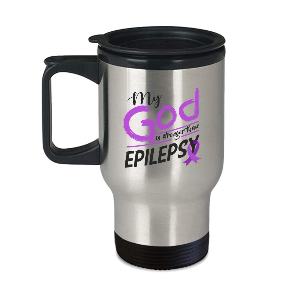 BeeTeeStore Epilepsy Awareness Travel Mug - My God Is Stronger Purple Ribbon Gift - 14oz Stainless Steel Insulated Coffee Cup for Daily Inspiration and Support - Purple Ribbon Support Design