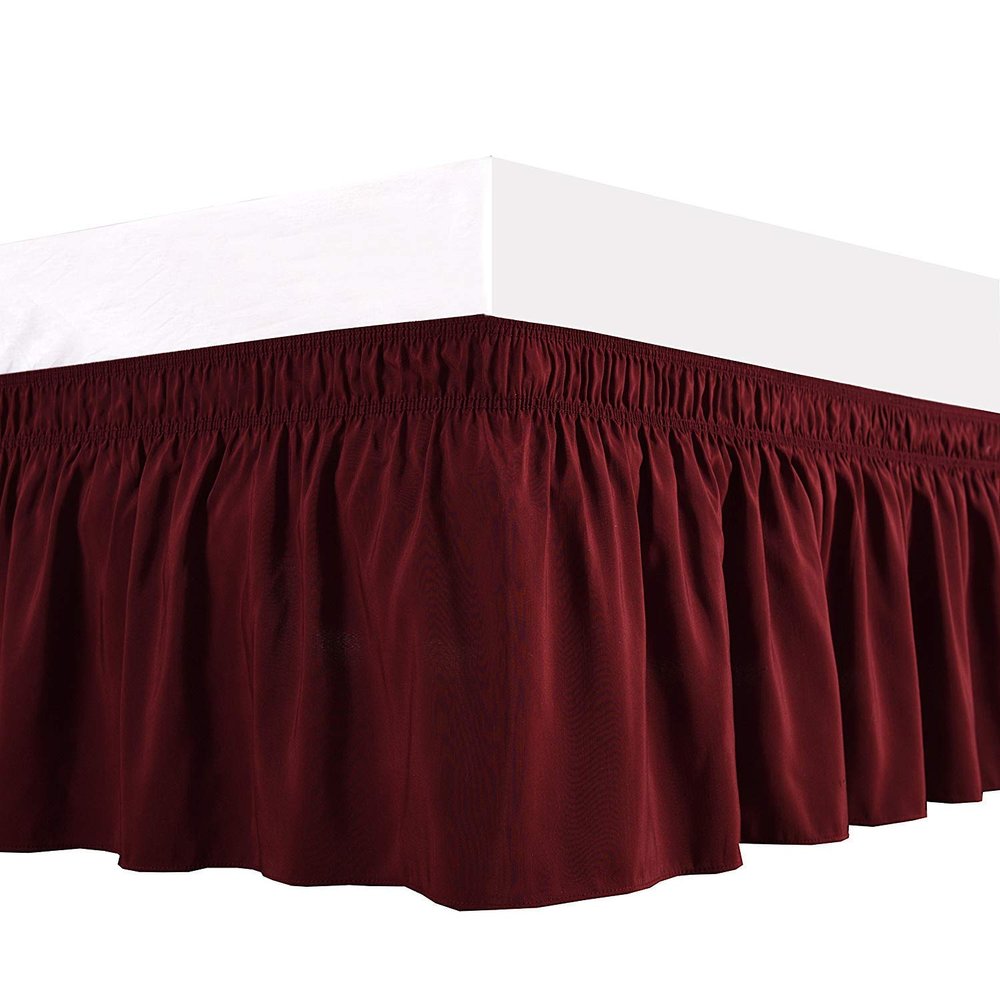 1 Wrap Around Bed Skirt, Elastic Dust Ruffles, Easy Fit Wrinkle and Fade Resistant Pattern Solid 100% Egyptian Cotton 500 TC , Hotel Quality Fabric, 13 inch Drop Length, Size Twin, Burgundy