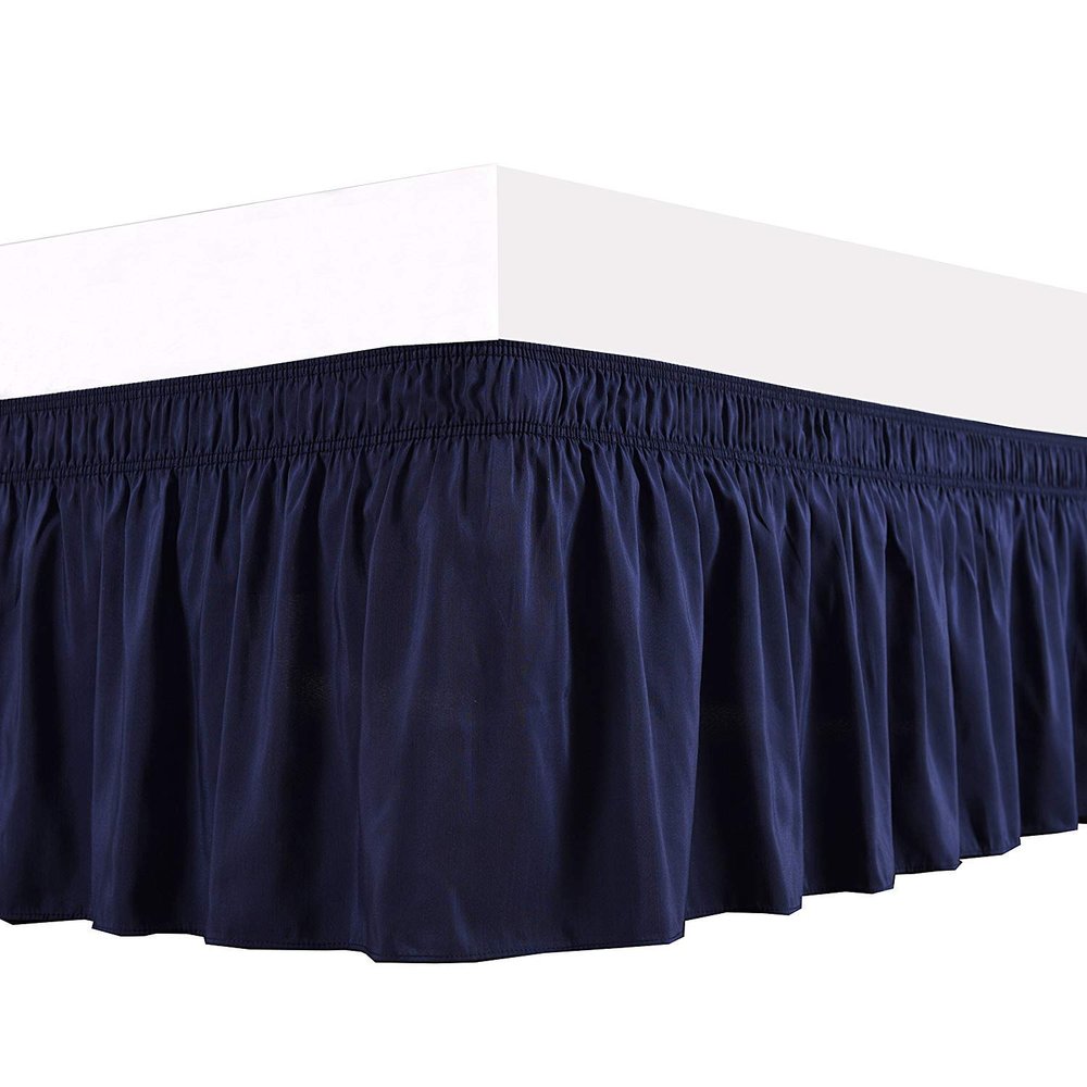 1 Wrap Around Bed Skirt, Elastic Dust Ruffles, Easy Fit Wrinkle and Fade Resistant Pattern Solid 100% Egyptian Cotton 500 TC , Hotel Quality Fabric, 27 inch Drop Length, Size Twin, Navy Blue