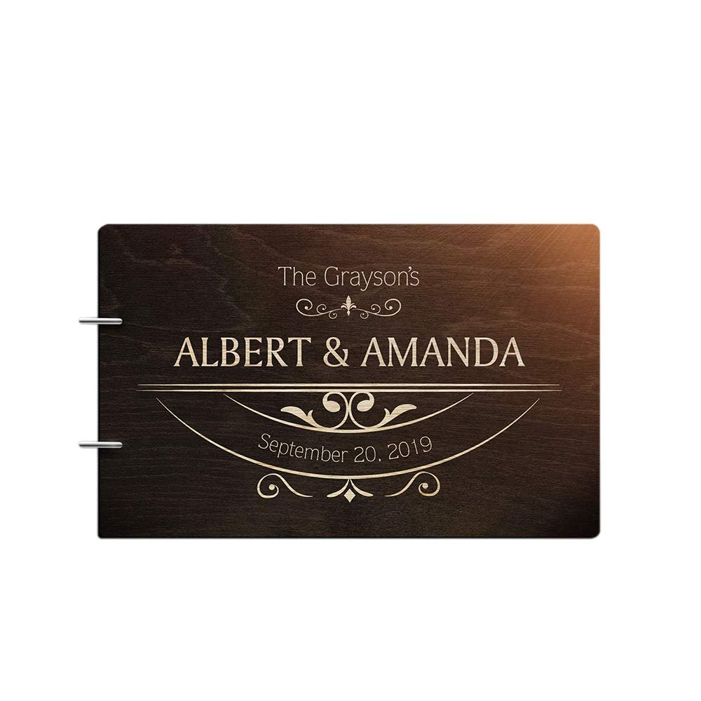 Bride and Groom Personalized Handmade Wedding Guest Book for Bride and Groom Wood Alternative Custom Engraved Newlywed Marriage Album 10 Designs to Choose from (Design 04, Chocolate Walnut)