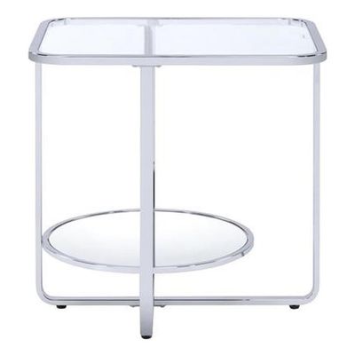 Acme Hollo Rectangular Glass Top End Table with Shelf in Chrome and Mirrored