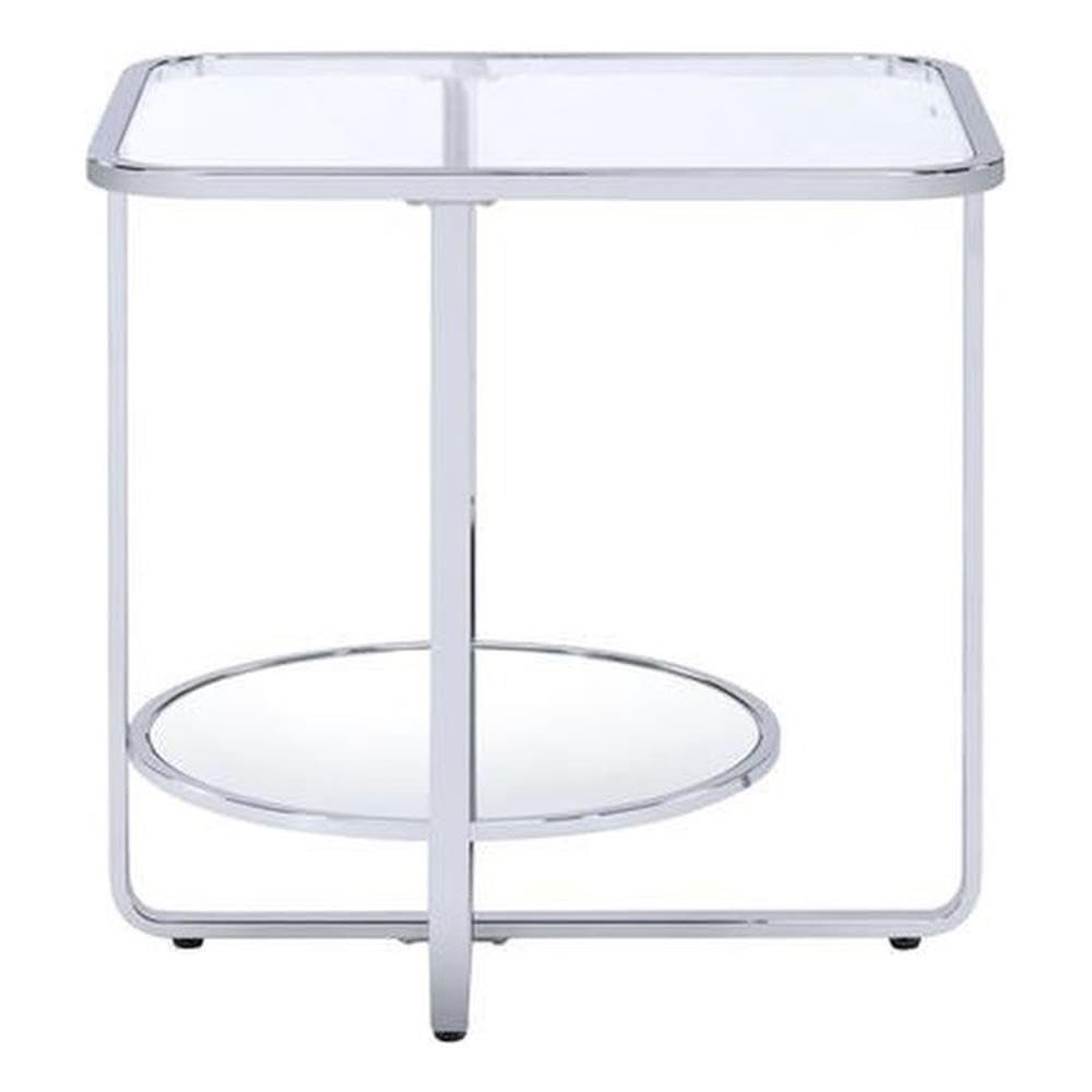 Acme Hollo Rectangular Glass Top End Table with Shelf in Chrome and Mirrored