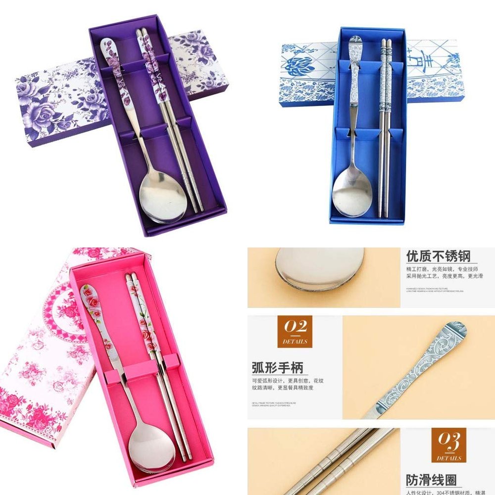 ZHONGJIUYUAN Set of 3 Color Dinnerware Sets Romantic Purple Rose Stainless Steel Spoon Chopsticks Travel Camping Cutlery Tools Tableware