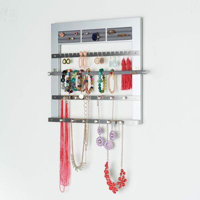Hives and Honey Tori Wall Hanging Jewelry Rack Wall-Mounted Organizer with Ring Rolls, Earring Slots, Bracelet Bar & Necklace Hooks, Anti-Tarnish Linen, White