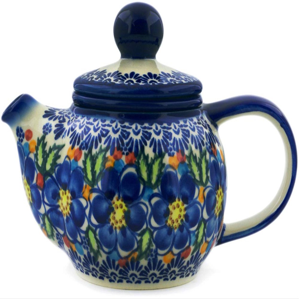 Polmedia Polish Pottery Tea Pot with Sifter UNIKAT - Lightbug Garden Pattern Handmade in Boleslawiec Poland by Ceramika Bona + Certificate of Authenticity