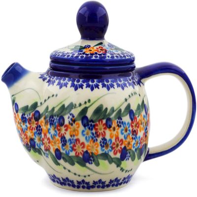 Polmedia Polish Pottery Tea Pot with Sifter UNIKAT - Starburst Garland Pattern Handmade in Boleslawiec Poland by Ceramika Bona + Certificate of Authenticity