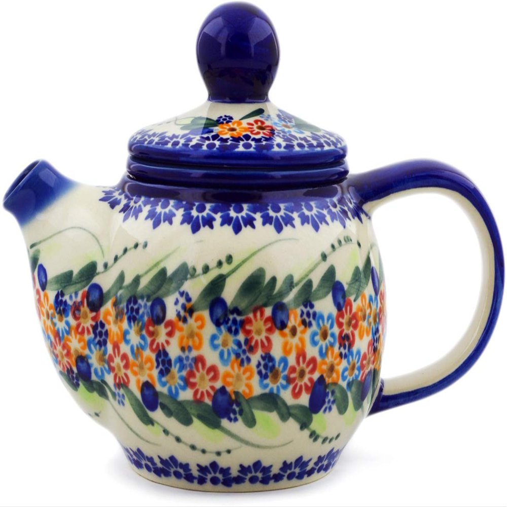 Polmedia Polish Pottery Tea Pot with Sifter UNIKAT - Starburst Garland Pattern Handmade in Boleslawiec Poland by Ceramika Bona + Certificate of Authenticity
