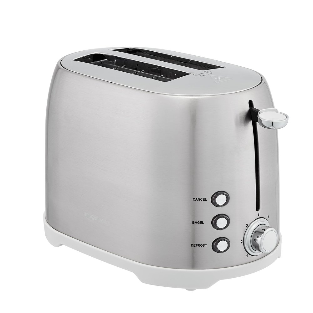Amazon Basics 2 Slice Cool Touch Stainless Steel Toaster with 7 Browning Settings, Extra Wide Slots (for Bagels, Waffles, Specialty Breads), Removable Crumb Tray, Cancel Button, 800W, Brushed Silver