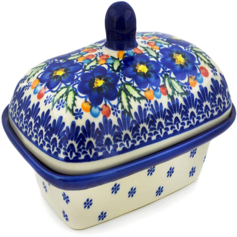 Polmedia Polish Pottery Butter Dish UNIKAT - Lightbug Garden Pattern Handmade in Boleslawiec Poland by Ceramika Bona + Certificate of Authenticity