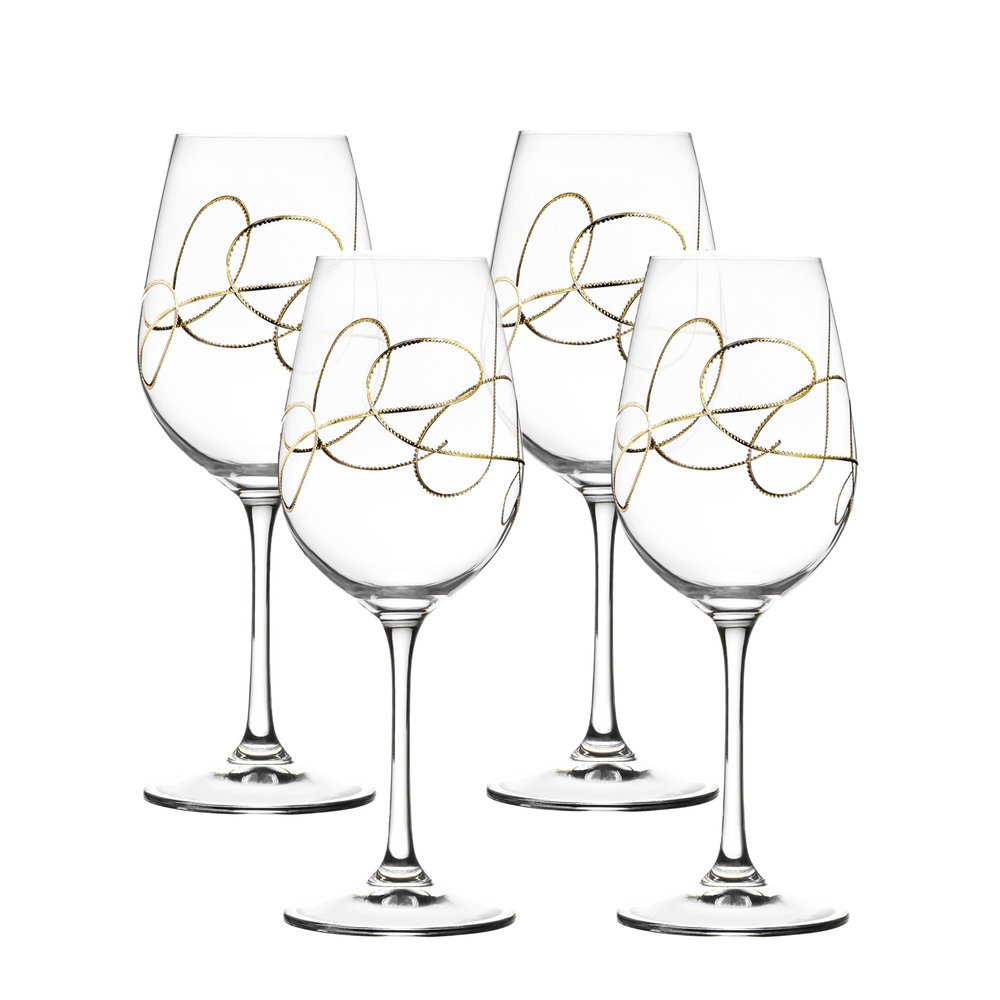 Barski Wine, Goblet, Glasses, Crystal Glass, Set of 4, with Gold String Design, Made in Europe, 14 oz.