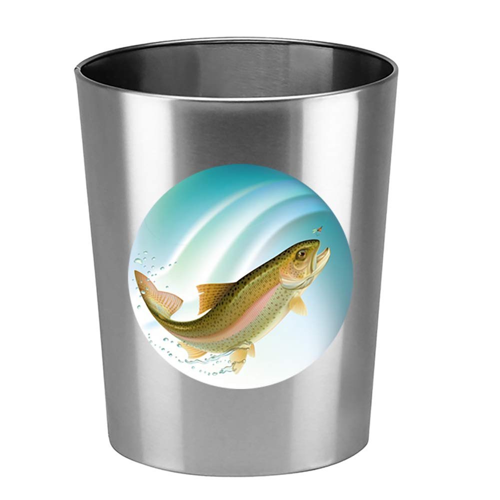 Wastebasket Round Silver Aluminum Finish Trash Can Featuring Your Choice of an Animal Themed Vinyl Decal - Free Trash Bag Included (Bass)