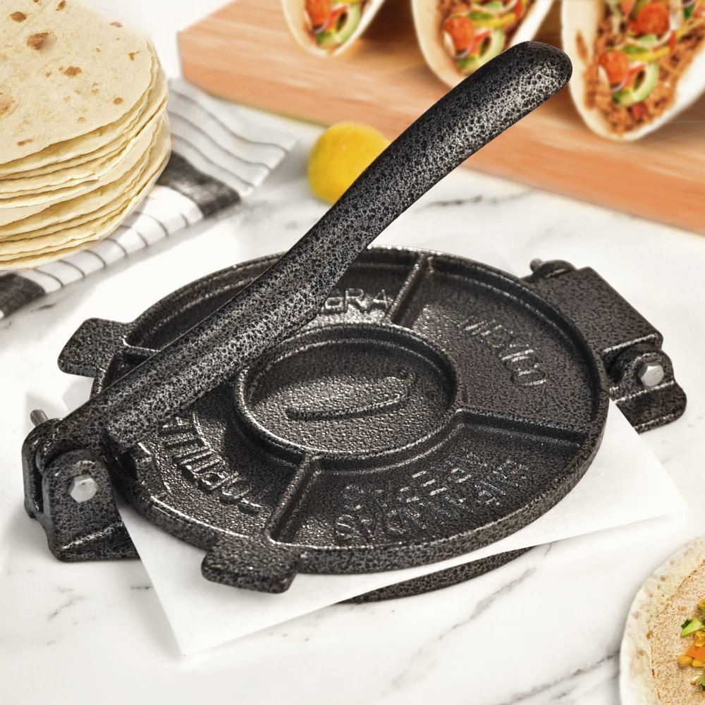 ARC Tortilla Press 6.5 inch, Cast Iron Tortilla Maker Include 100 Pcs Parchment Paper, Heavy Duty Tortillera Pataconera, Flour Tortilla Press, Roti Maker, Taco Maker, Taco Press, Black Gray