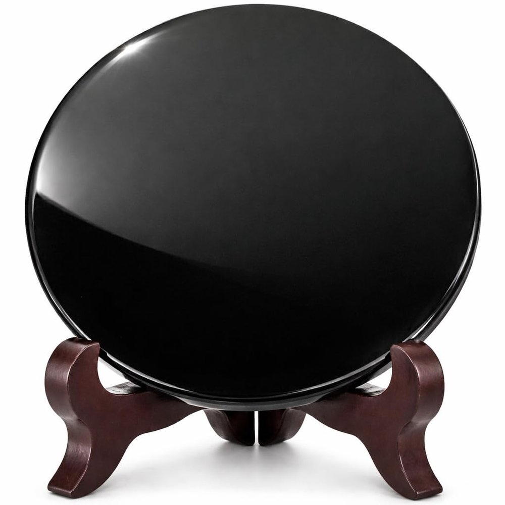 Polar Jade Black Obsidian Scrying Mirror (120 mm / 4.7" with Stand)