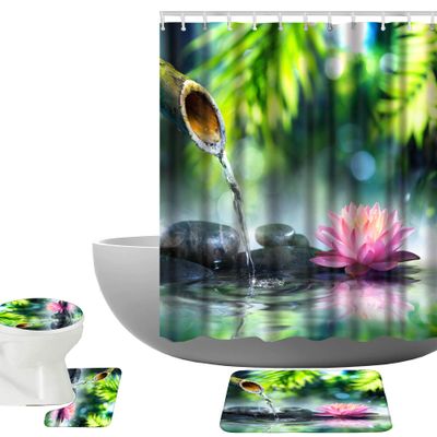 Amagical Zen Garden Lotus Flower Decor Pebble Stone and Pink Waterlily in The Pond 16 Piece Bathroom Mat Set Shower Curtain Set Bath Mat Contour Mat Toilet Cover Shower Curtain 12 Hooks