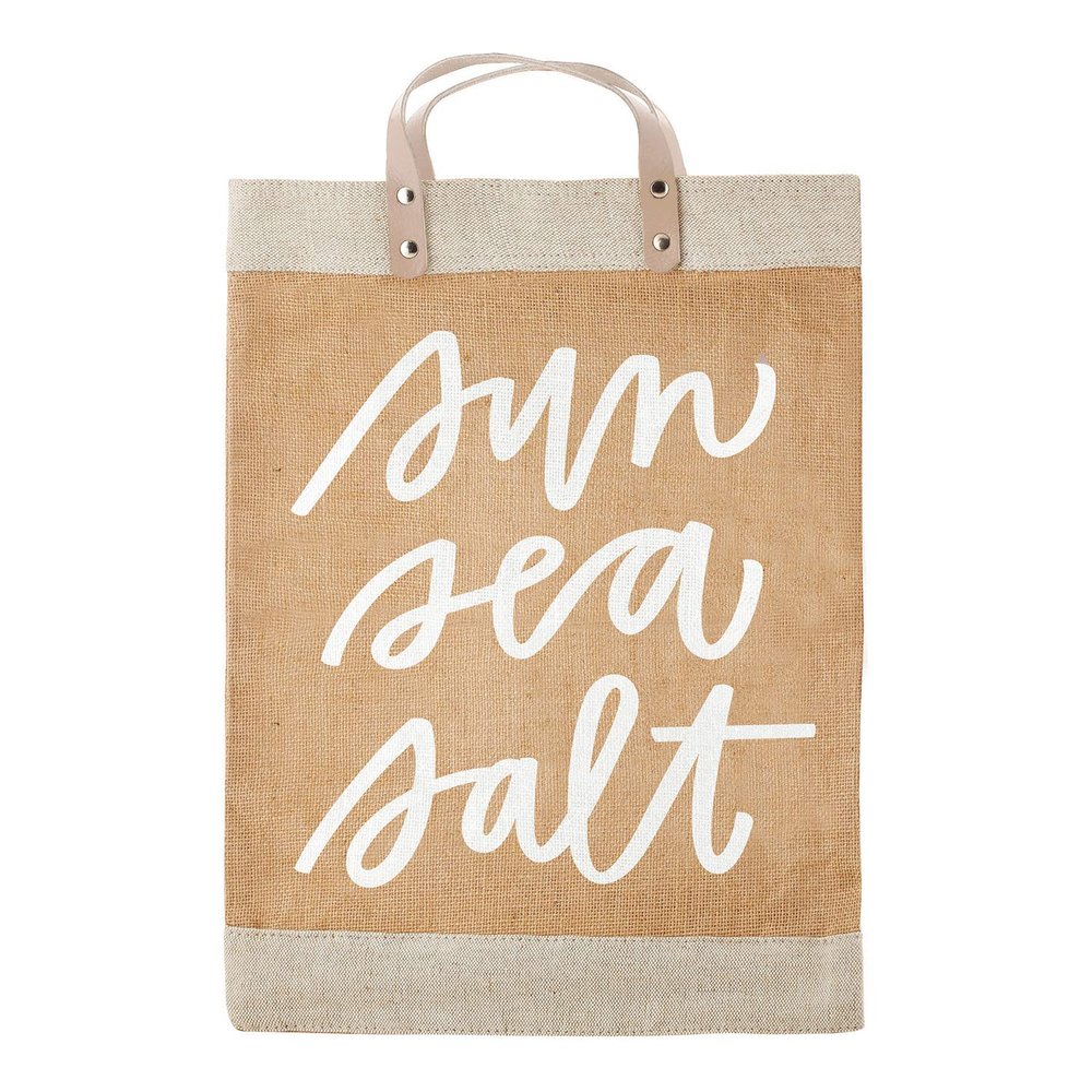 Santa Barbara Design Studio Farmers Market Jute Tote Bag - Reusable with Leather Handles, Waterproof Lining, and Inside Pocket, 13" x 18", Sun Sea Salt
